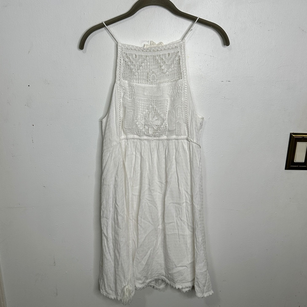 White Crochet Lace Halter Mini Dress Boho Tassel Tie L Travel Coachella READ